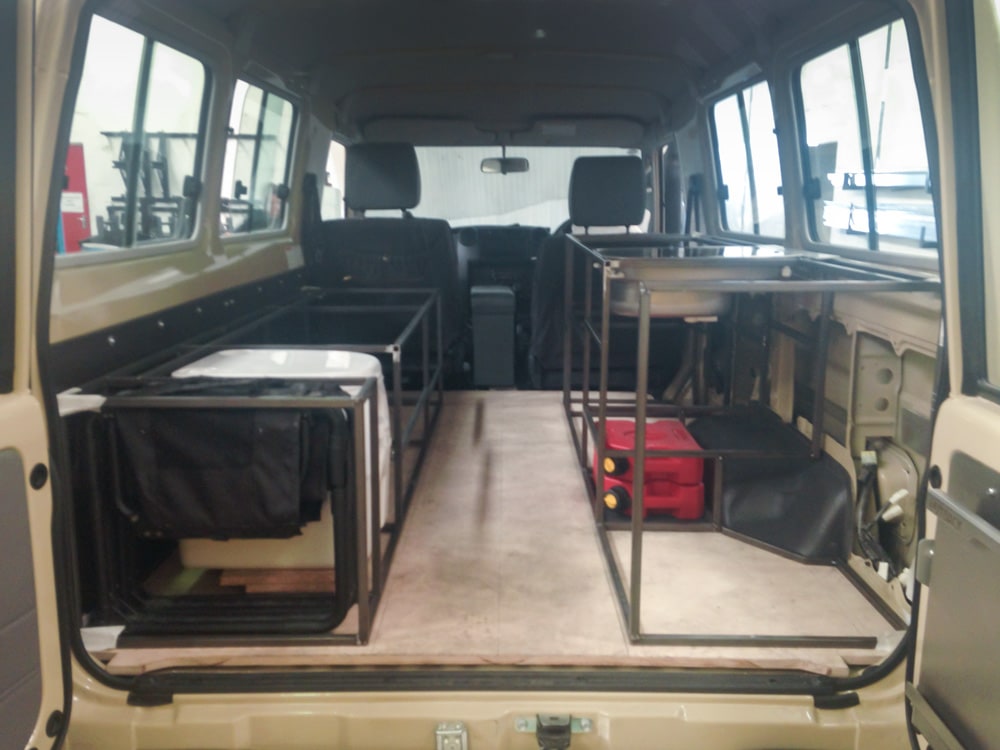 Installing a draw system mockup in a Land Cruiser 78 Troopy to check sizing and placement