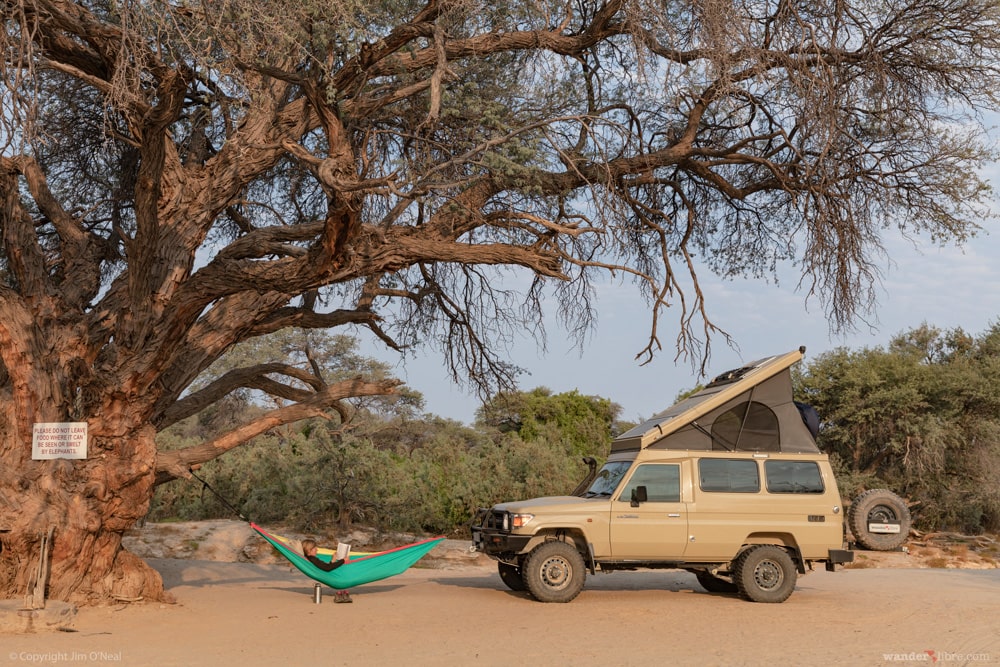 Camping in a Land Cruiser Troopy camper along the Hoarasib River in Namibia