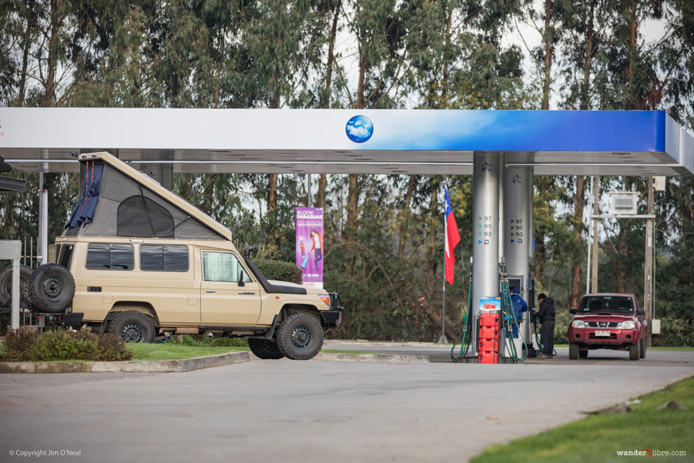 Camping in a Land Cruiser Troopy at a Copec gas station south of Santiago, Chile