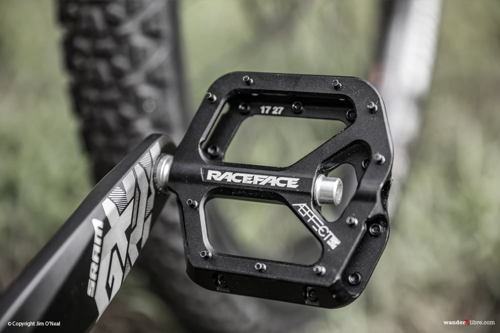 Raceface Aeffect bikepacking Pedals mounted to Sram GX Eagle Drivetrain on Surly ECR