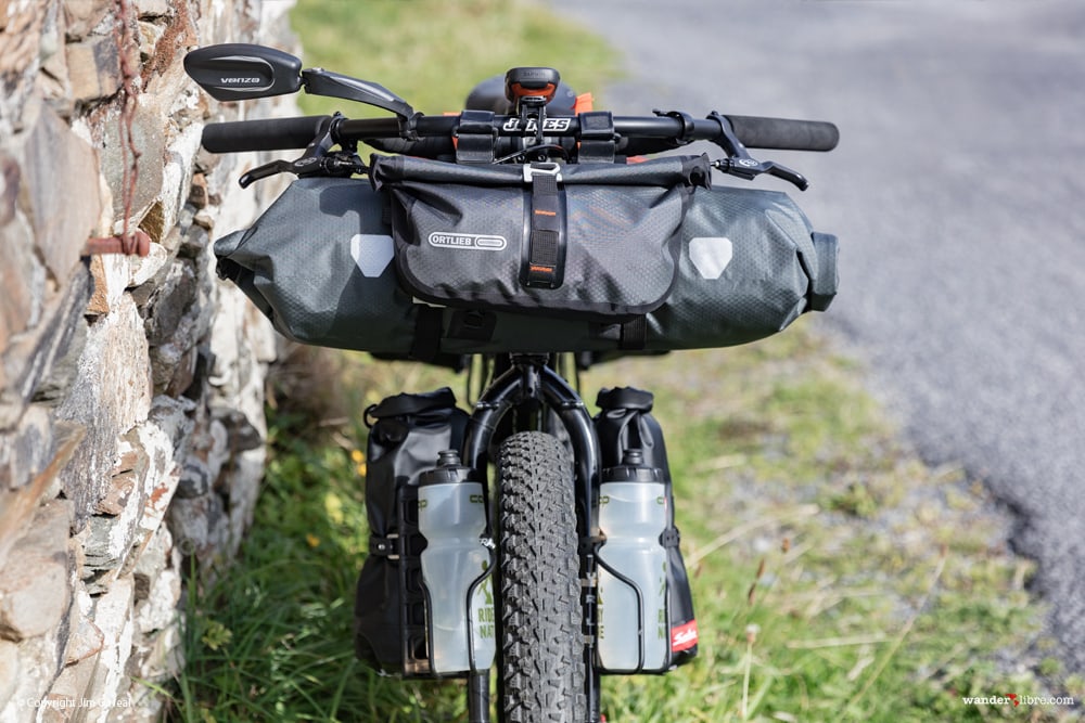 A Front View of the Surly ECR 29+ w/ Ortlieb Handlebar Bags, & Fork Mounted Lezyne Power Cages 