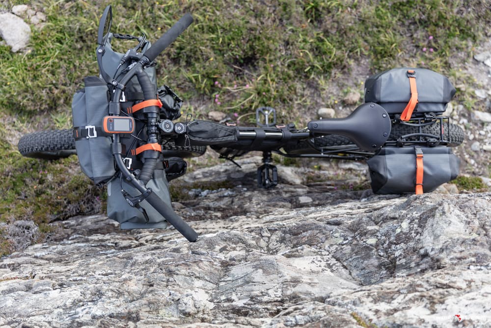 An overhead view of the Surly ECR setup for bikepacking with Ortlieb handlebar bags and Ortlieb Gravel Packs