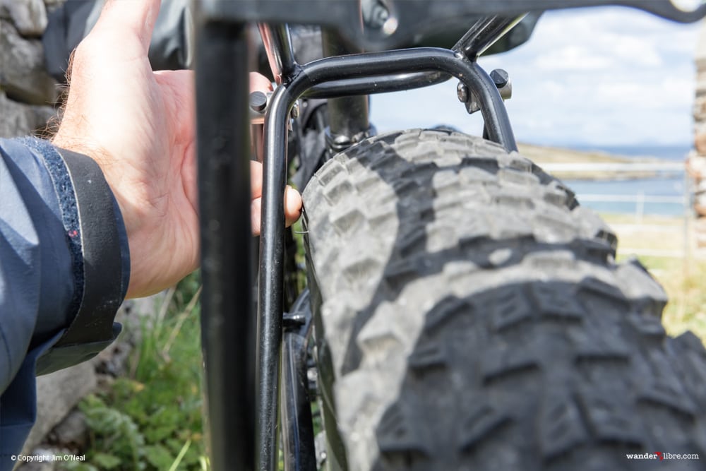 On the Surly ECR 29+, the Tubus Vega Evo Rear Rack Clears 29x3" Maxxis Chronicles Mounted on 40mm WTB Scrapper Rims