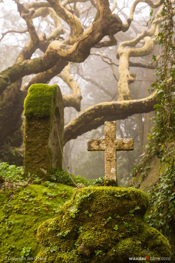 Cross in misty forest at Convent of the Capuchos, Sintra, Portugal