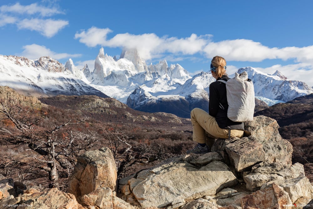 Sheri enjoying the views of Mount Fitz Roy on Laguna de Los Tres hiking trail 