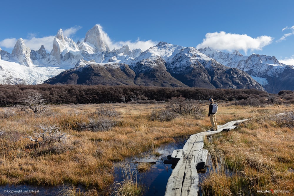 Sheri Stops on a boardwalk to admire the views of Mount Fitz Roy