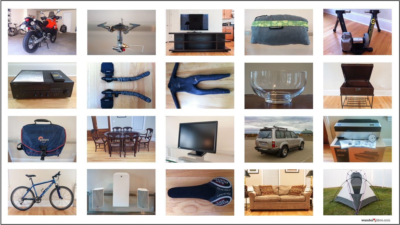 In pursuit of a minimalist lifestyle, this photo shows some of the many items listed for sale while downsizing so that we could begin living with less stuff.