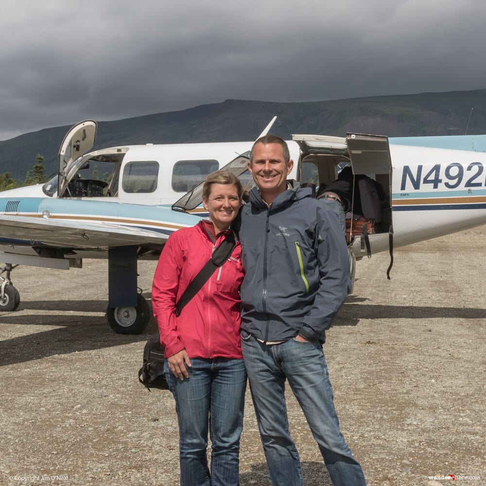 Sheri and Jim flying in a bush plane to Katamai National Park Alaska