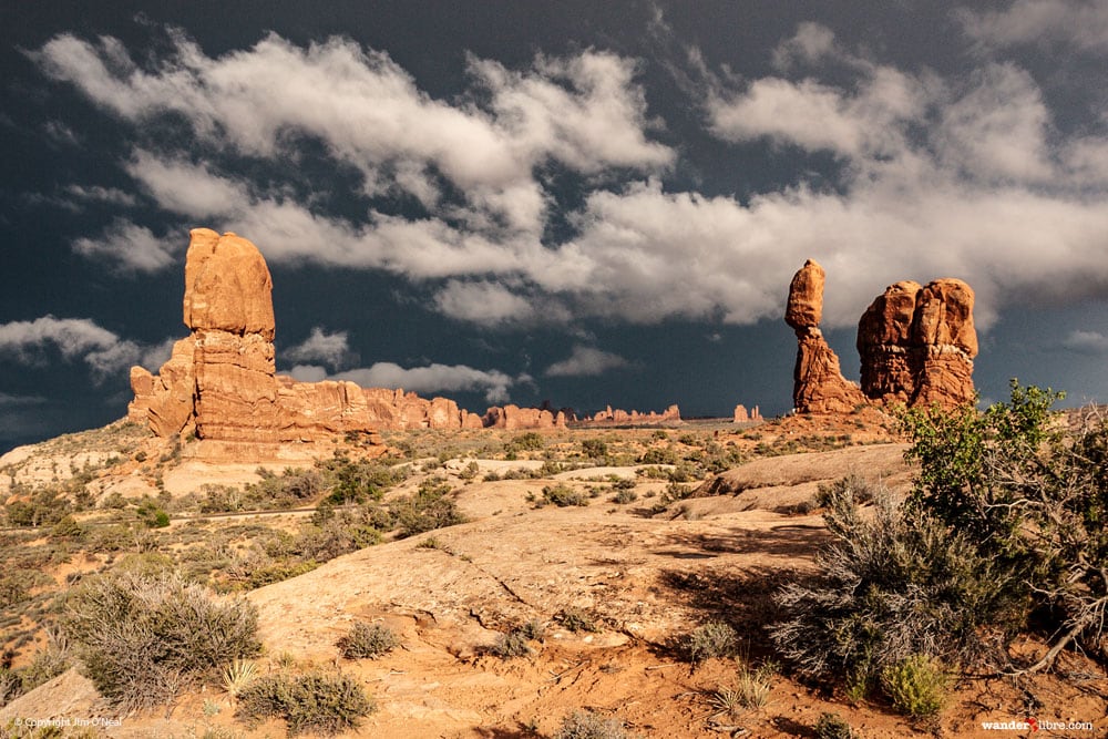 A dramatic light during summer storm in Arches National Park, Utah.