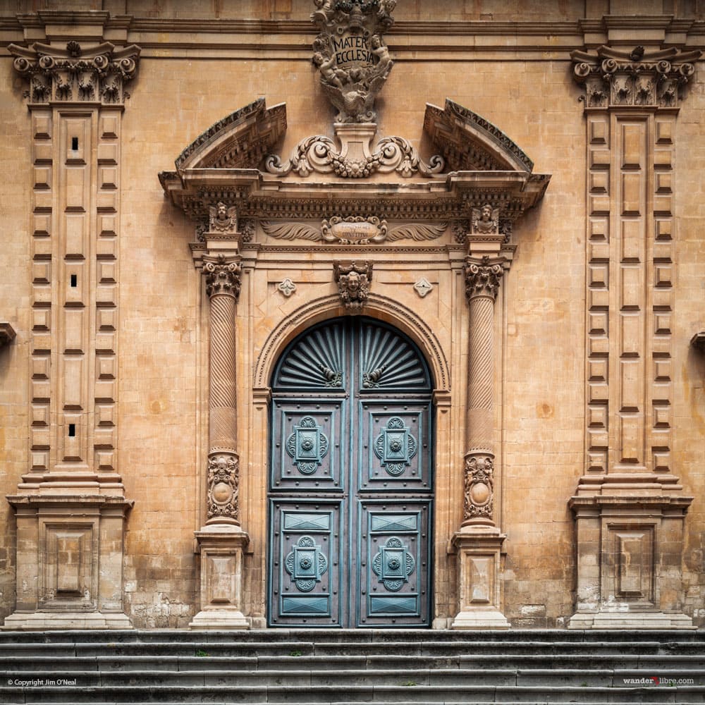 A door at the Church of San Pietro in Modica, Sicily, Italy
