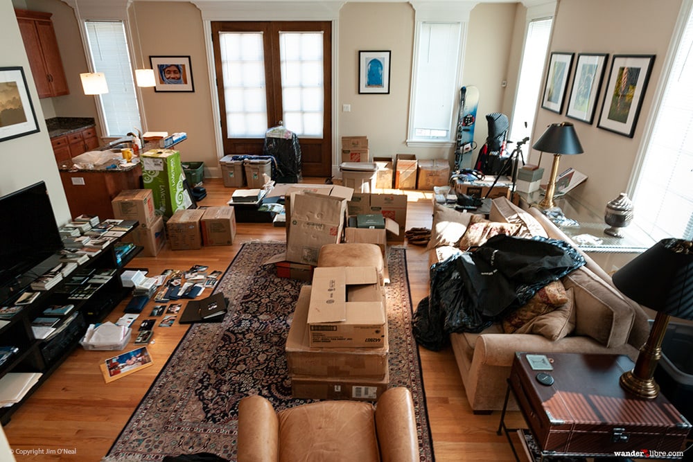 A photo of our house in a complete state of chaos as we began downsizing so that we could begin a life of minimalist living.