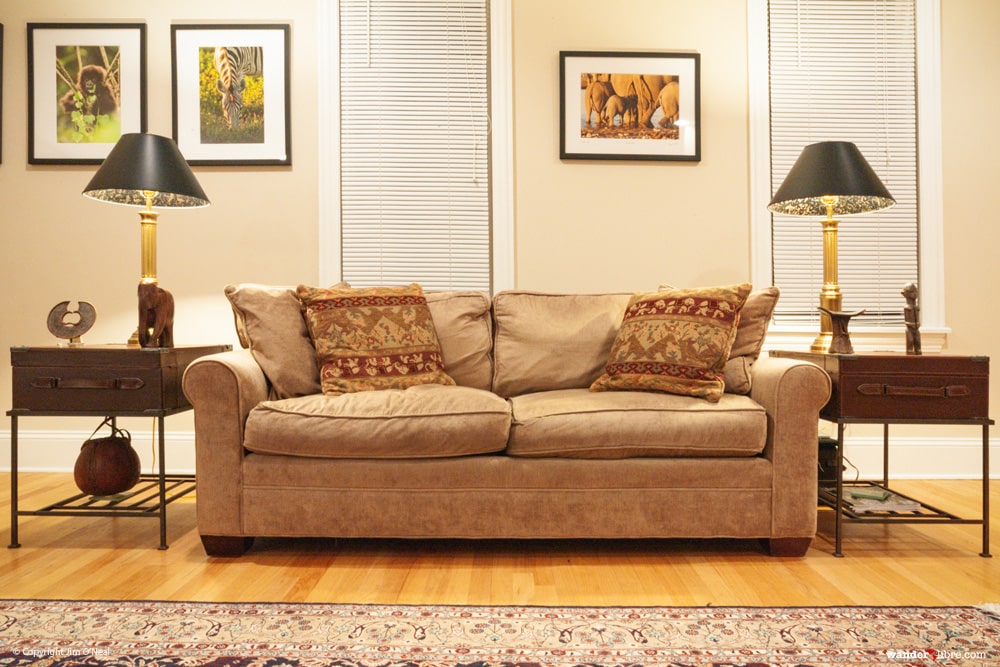 A photo of a sofa, which we had trouble selling while downsizing so we could begin living with less stuff.
