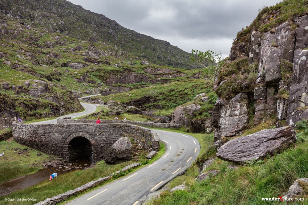 A winding road running through the Gap of Dunloe near Killarney, Ireland.