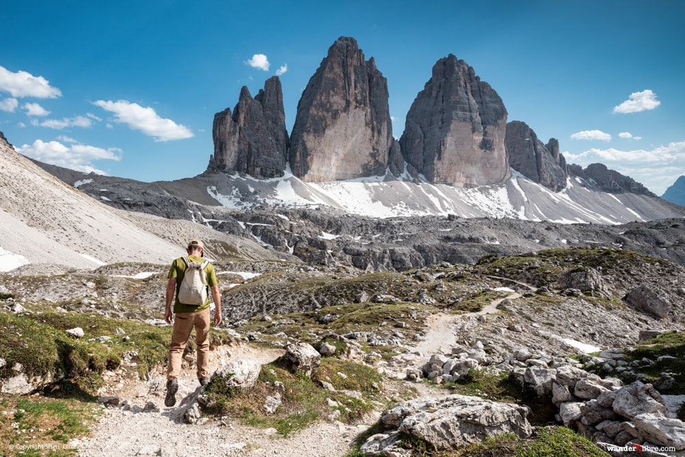 Hiking Tre Cime di Lavaredo in the Italian Dolomites.