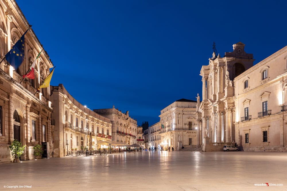 A photo of Piazza Duomo at night in Isola di Ortigia, Syracuse, Sicily, Italy