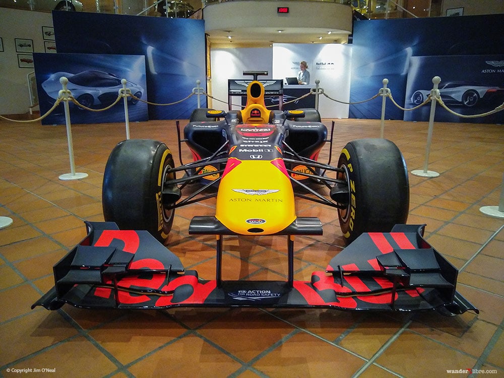 A Red Bull F1 car on display at the Red Bull Aston Martin exhibit in the Prince's Car Collection in Monte Carlo, Monaco