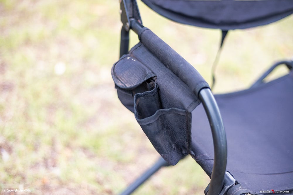 Front Runner Chair with close-up of media pocket and cup holder