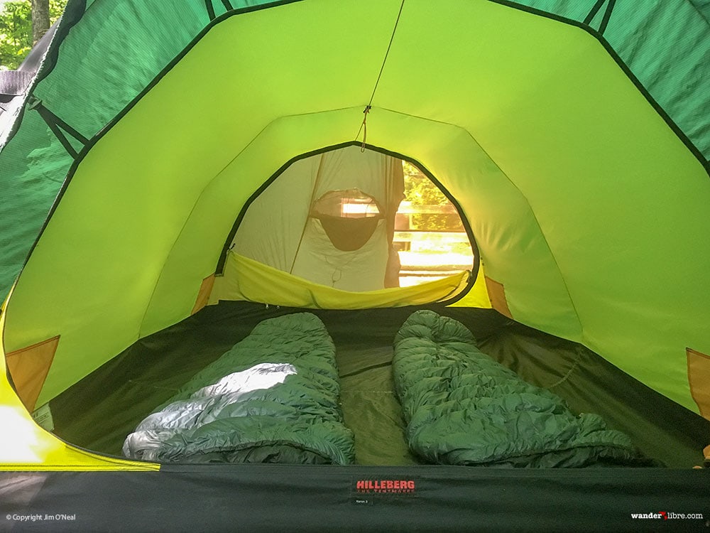 The vertical walls and yellow inner tent in the Hilleberg Keron 3 GT help livability