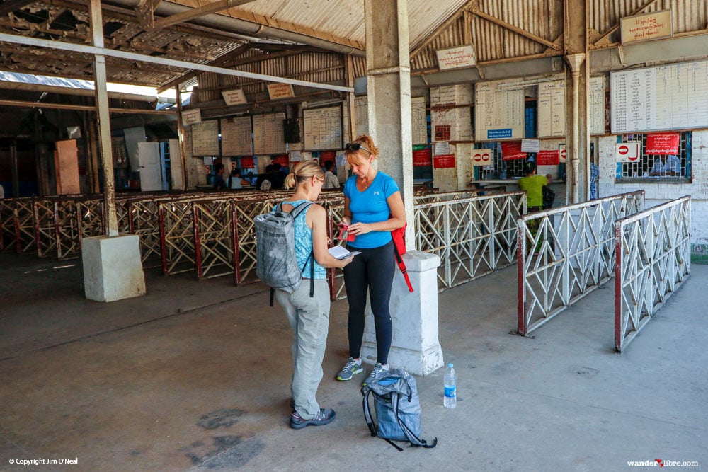 Sheri at a Train Station in Myanmar Wearing Hyperlite Mountain Gear Stuff Sack